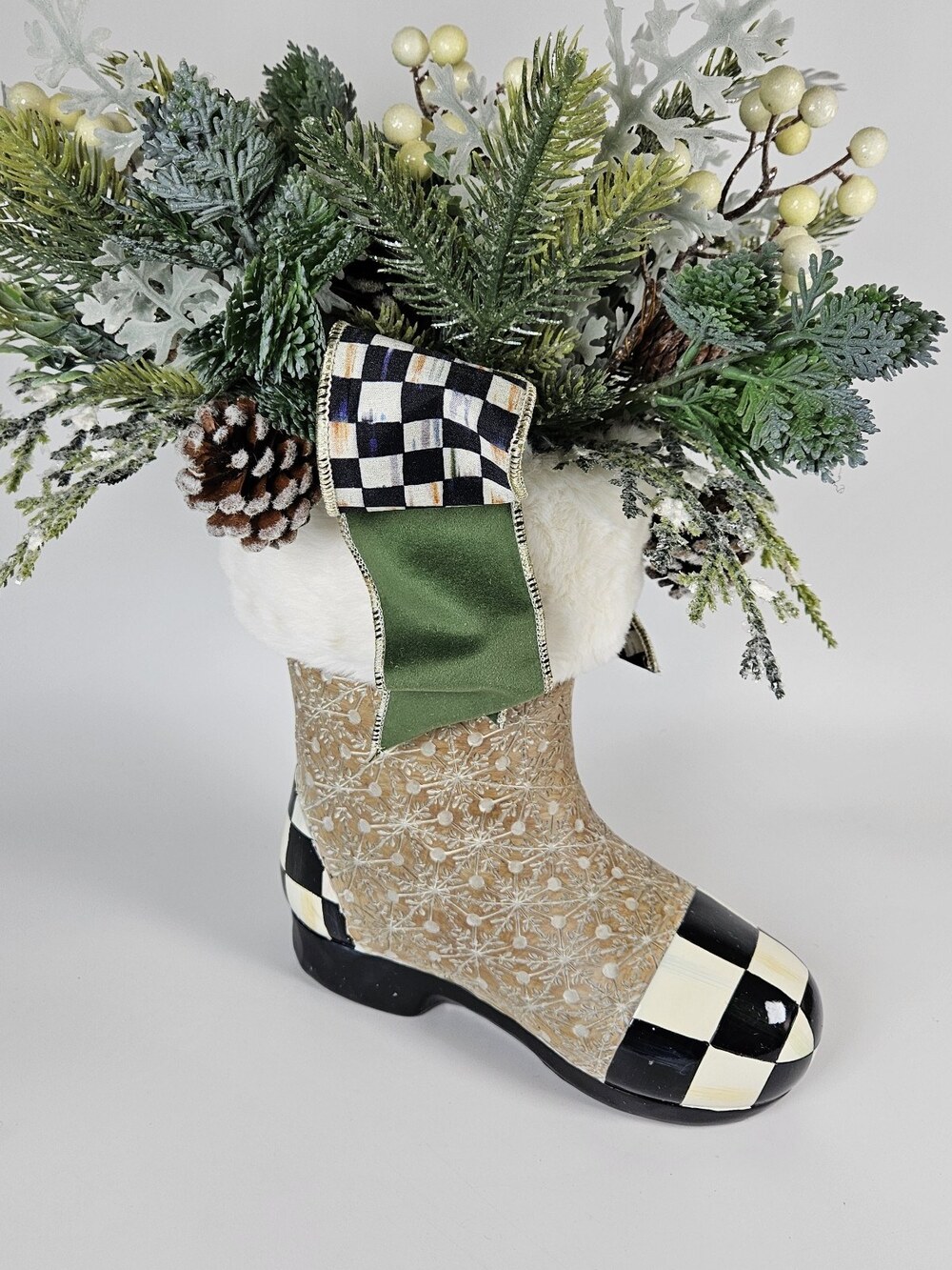 Mackenzie Childs Farmhouse Holiday Boot Arrangement Christmas Courtly Check NOB